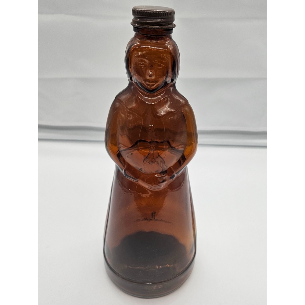 Vintage Amber Glass Mrs Butterworth Bottle Syrup Bottle‎ Brown Metal Lid 10"